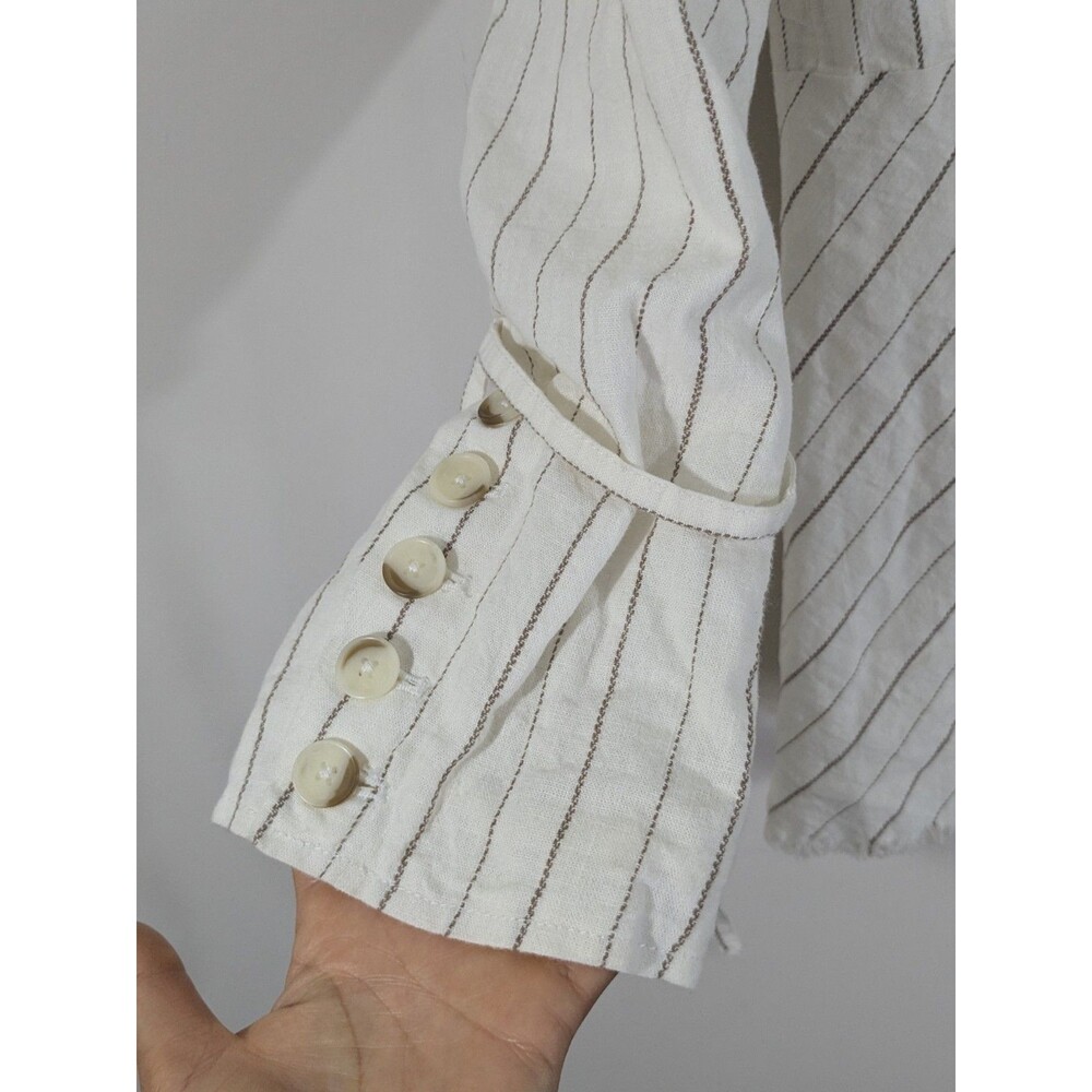Free People Stella Double Breasted Fray Hem Stripe Linen Blazer in Off White S - Picture 5 of 9